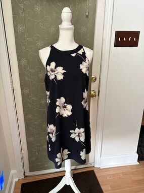 Sleeveless Floral Midi Dress — Black with White Blooms